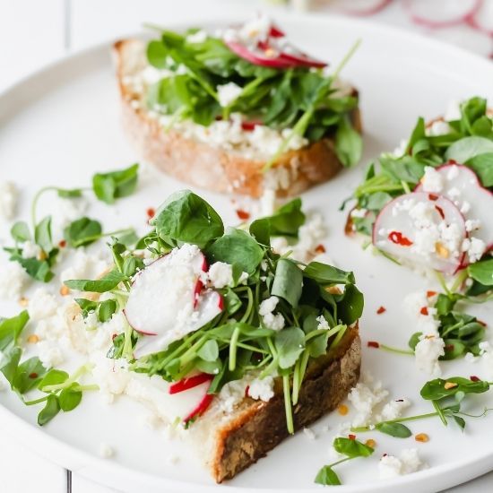 goat cheese and radish open faced sandwiches - order takeout - self care ideas