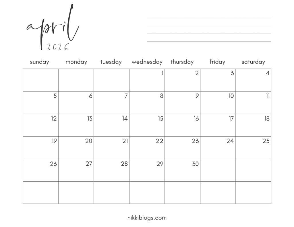 April 2026 Monthly Printable Calendar