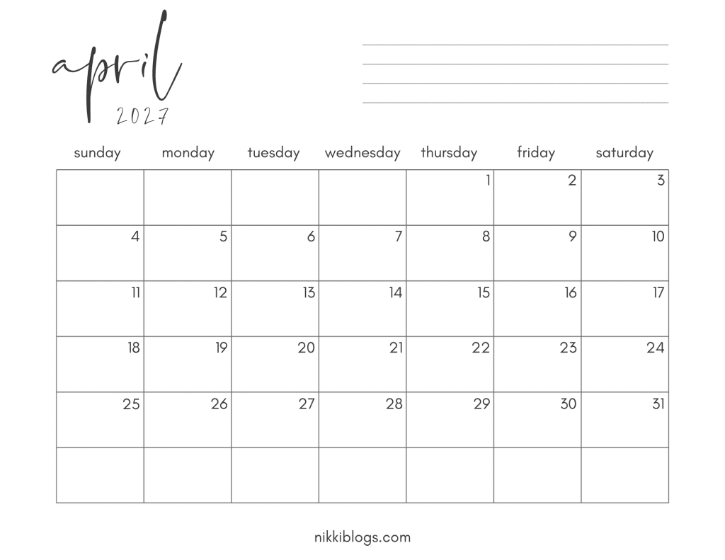 April 2027 Printable Calendar with Sunday Start
