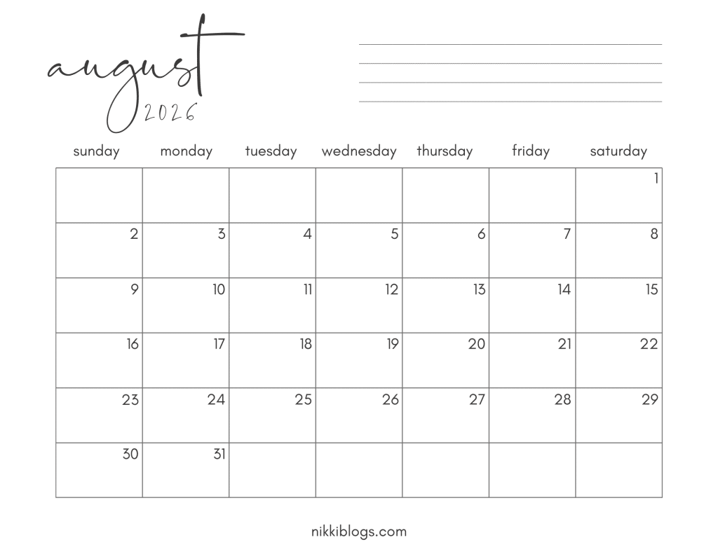August 2026 Printable Monthly Calendar Sunday Start