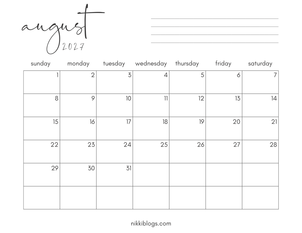 August 2027 Printable Calendar with Sunday Start
