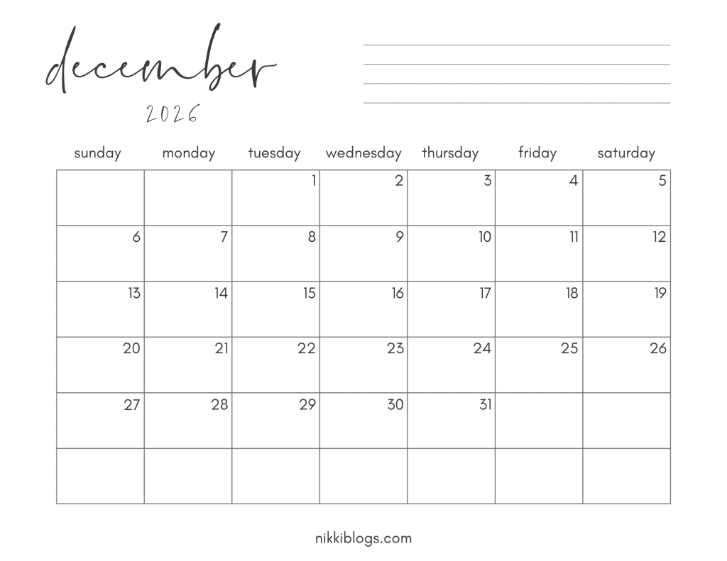 December 2026 Printable Monthly Calendar Sunday Start