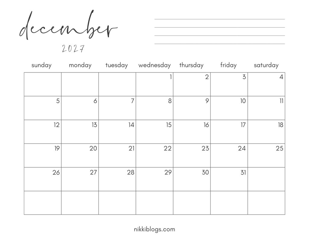 December 2027 Printable Monthly Calendar PDF with Sunday Start