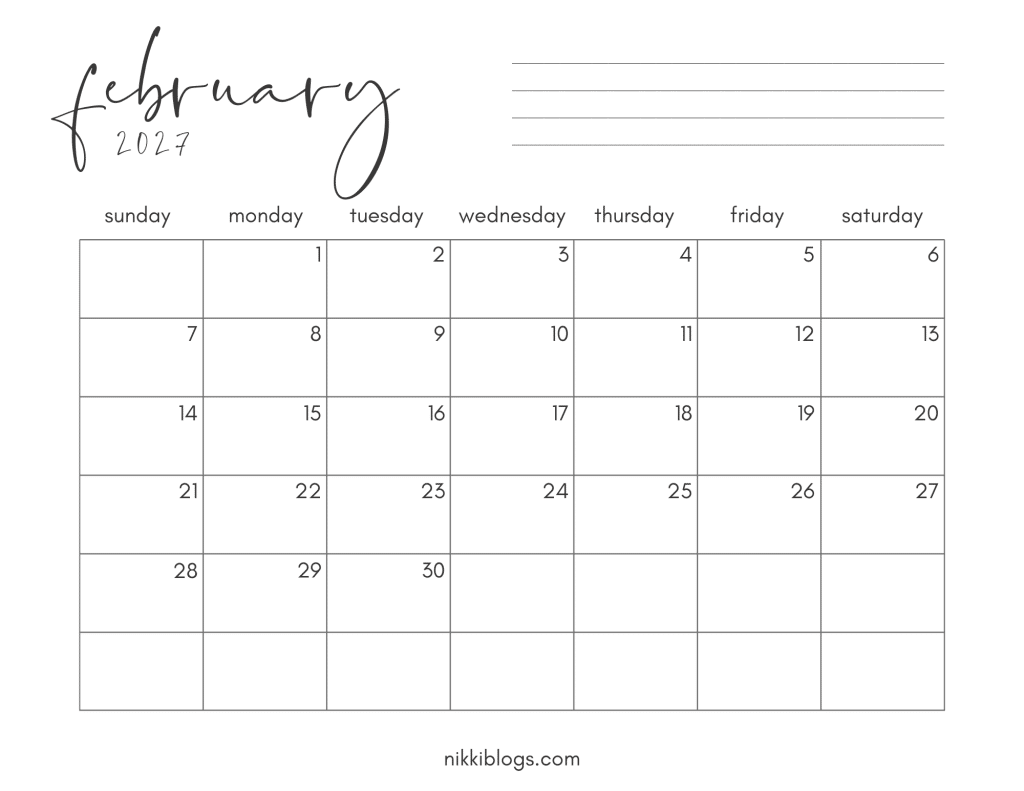 February 2027 Printable Calendar with Monday Start