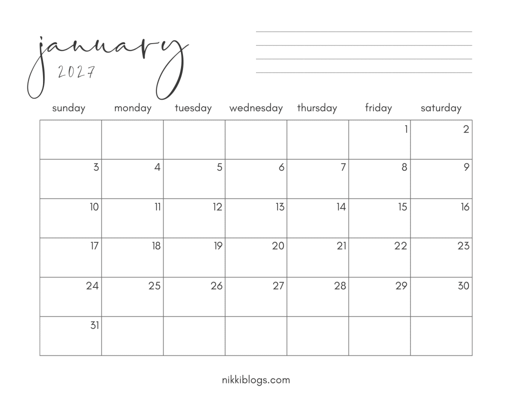 january 2027 printable calendar