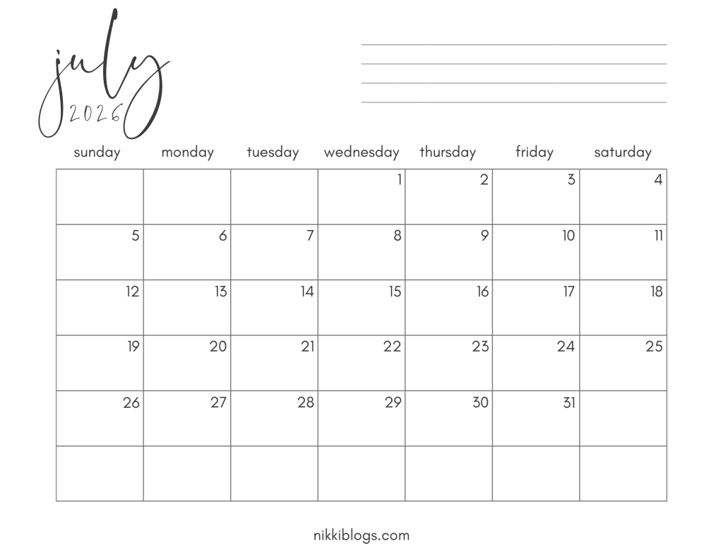 July 2026 Printable Monthly Calendar Sunday Start