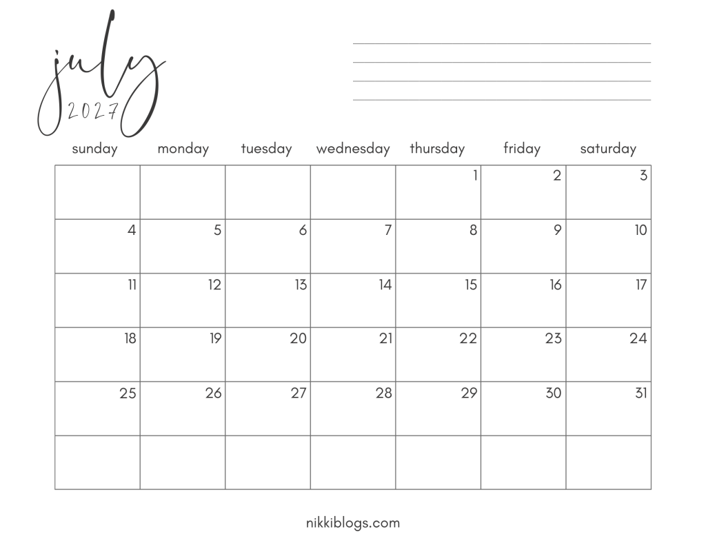 July 2027 Printable Calendar with Sunday Start