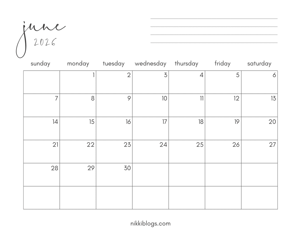 June 2026 Printable Monthly Calendar Sunday Start