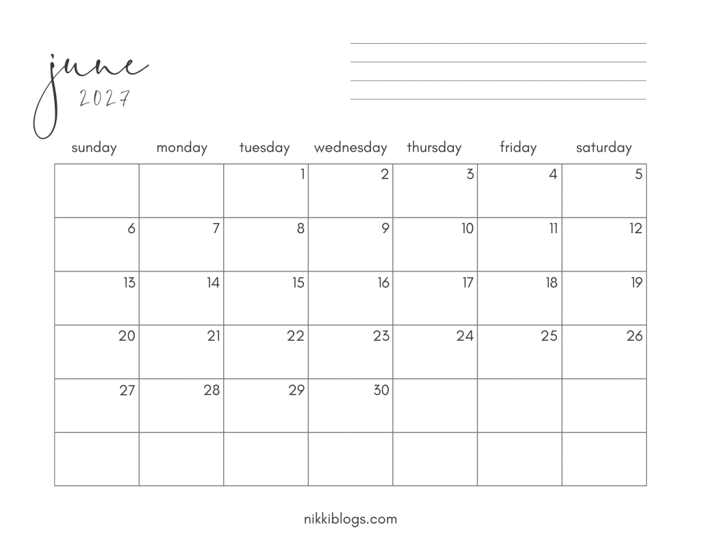 June 2027 Printable Calendar with Sunday Start