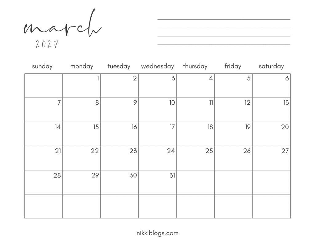 March 2027 Printable Calendar with Monday Start