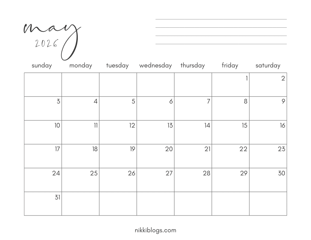 May 2026 Printable Monthly Calendar Sunday Start