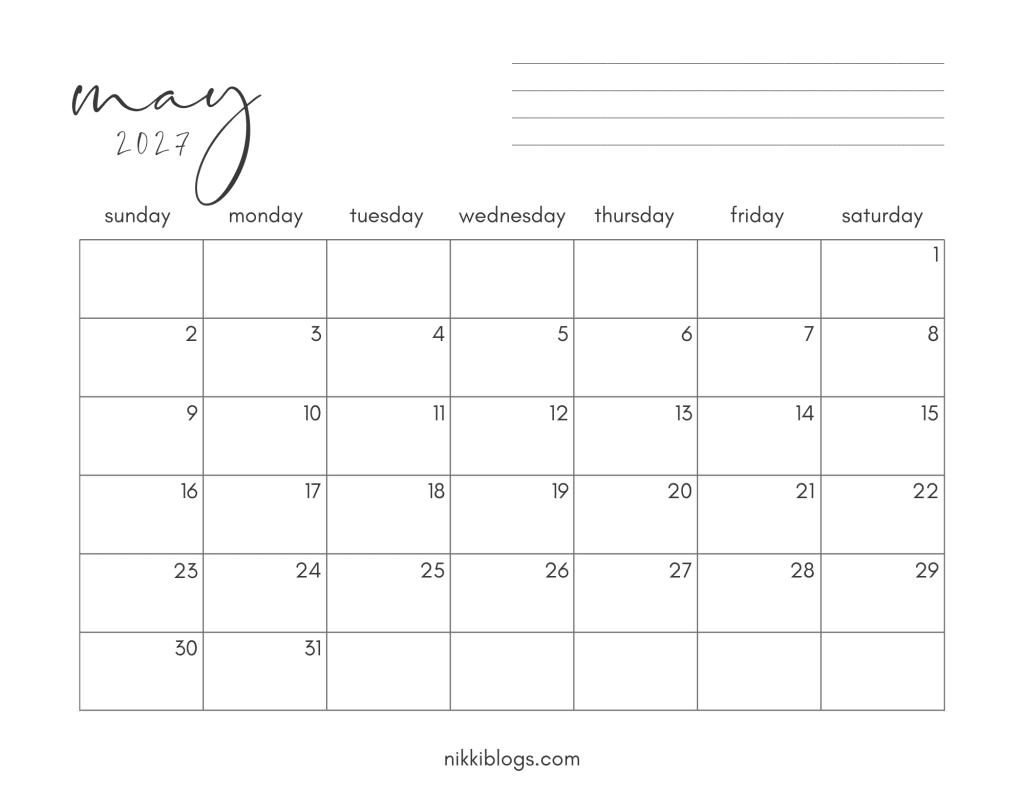 may 2027 sunday start calendar