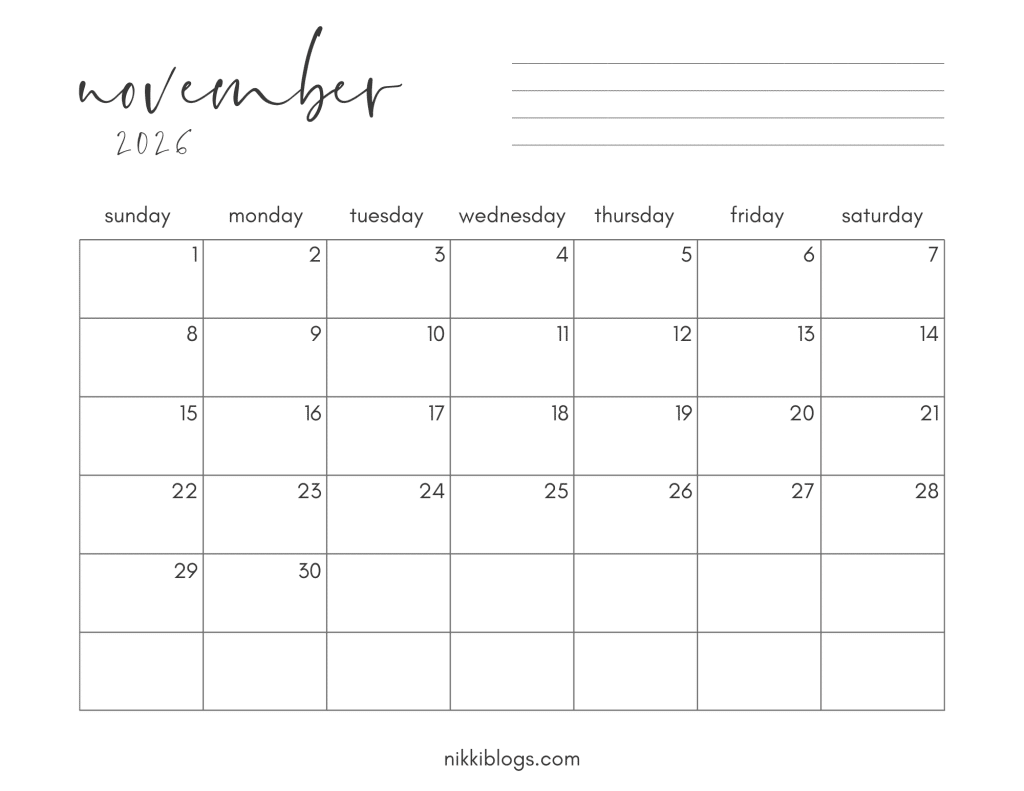 November 2026 Printable Monthly Calendar Sunday Start