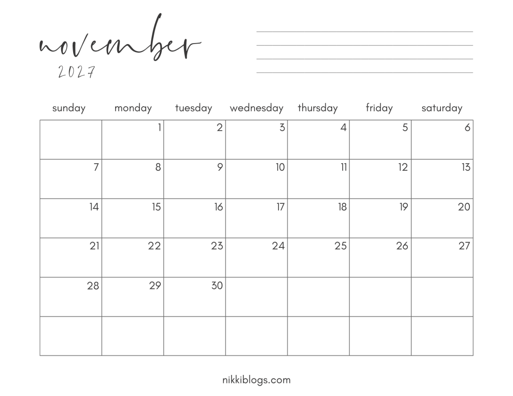 November 2027 Printable Monthly Calendar PDF with Sunday Start