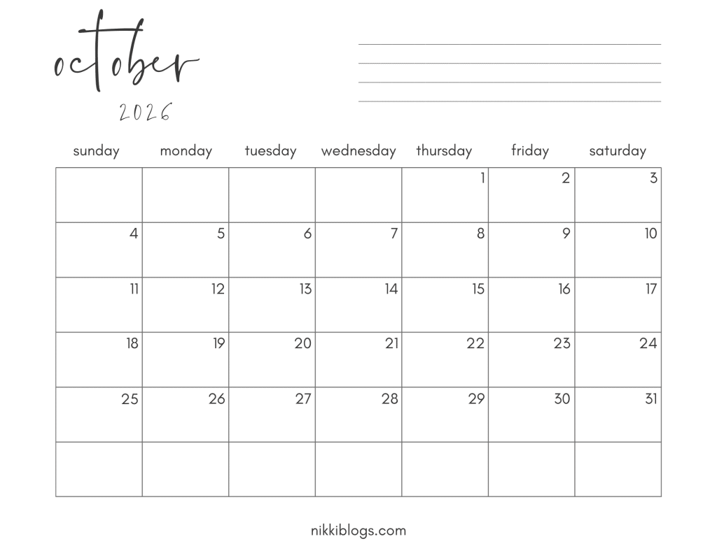 October 2026 Printable Monthly Calendar Sunday Start