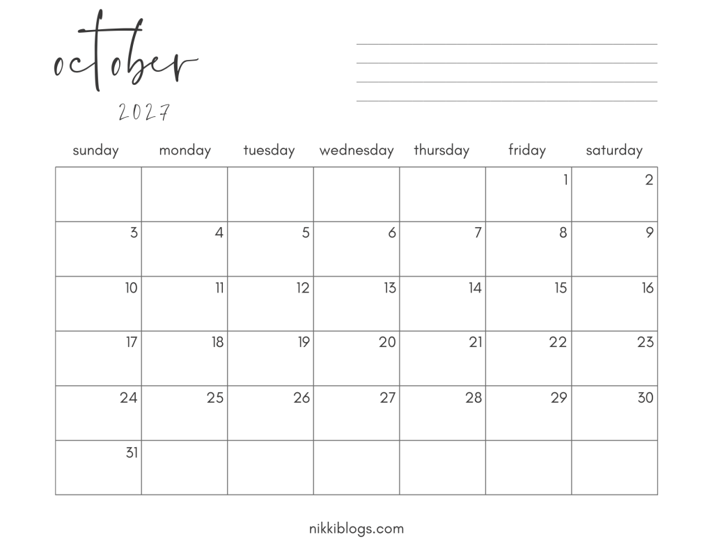 October 2027 Printable Monthly Calendar PDF with Sunday Start