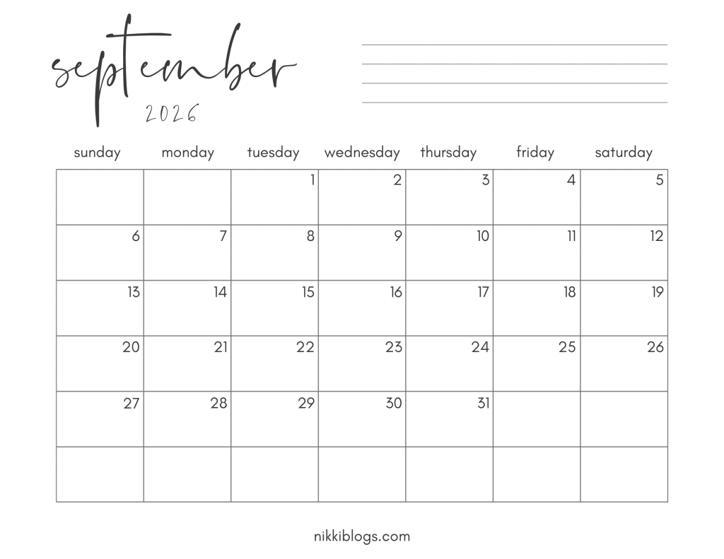 September 2026 Printable Monthly Calendar Sunday Start