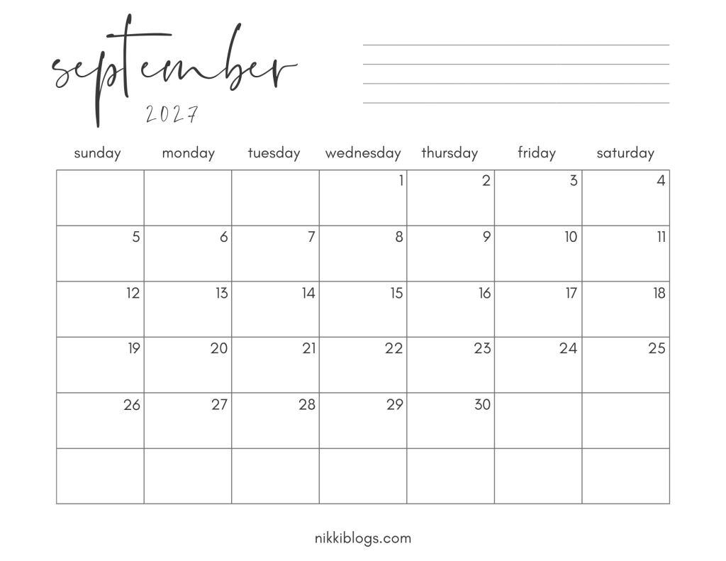 September 2027 Printable Monthly Calendar PDF with Sunday Start
