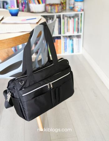 homeschool bag hanging on chair